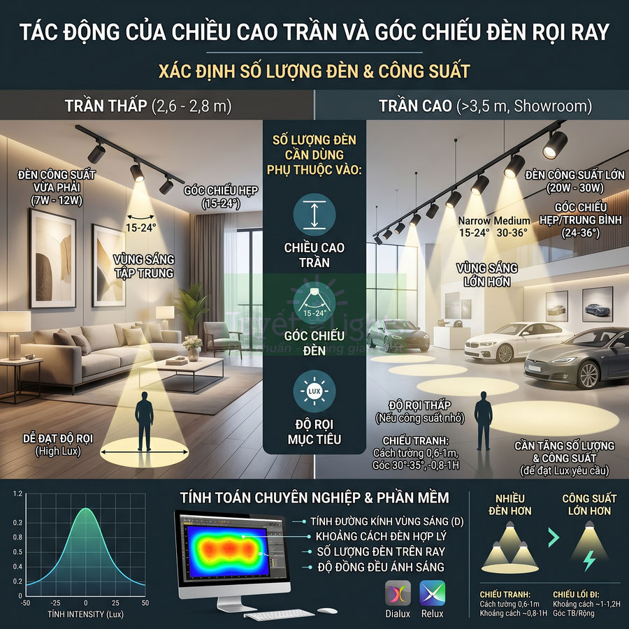 Infographic hướng dẫn chọn số lượng và công suất đèn rọi ray theo chiều cao trần và góc chiếu